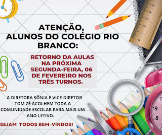 Read more about the article AULAS RETORNAM NO COLÉGIO RIO BRANCO NA PRÓXIMA SEGUNDA-FEIRA, DIA 06 DE FEVEREIRO